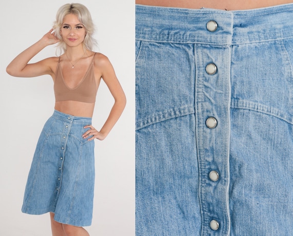 Denim Pearl Snap Skirt 80s Blue Jean Button up Mi… - image 1