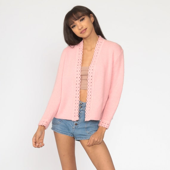 Pink Cardigan Sweater 70s Open Front Baby Pink Pastel Sweater Vintage Crochet Acrylic Knit 1970s Grandma Medium M