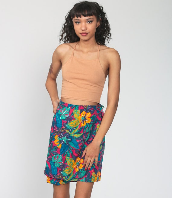 Tropical WRAP Skirt 90s Mini Floral Print Bright Summer Boho 1990s Vintage Hippie Festival High Waisted Bohemian Small Medium
