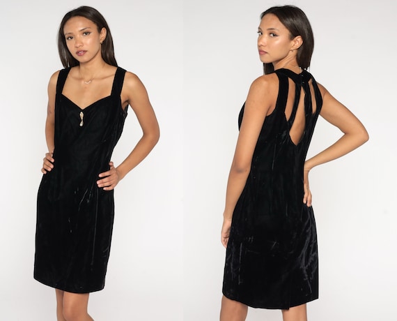 Black Velvet Dress 90s Mini Jessica McClintock Strappy Cocktail Party Sheath Beaded 1990s Sweetheart Neckline Vintage Sleeveless Medium