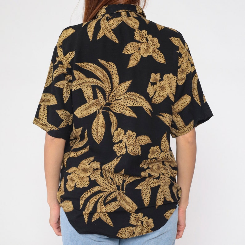 Tropical Floral Blouse 90s Button Up Shirt Black Cheetah Animal Print Flower Leaf Top Summer Short Sleeve Botanical Vintage 1990s Small S image 7