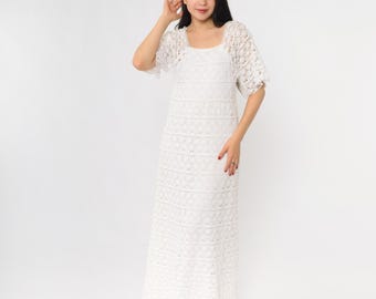 60s Wedding Dress White Crochet Lace Maxi Long Sleeve Vintage Bohemian Prairie Mod Cottagecore Festival Hippie Style Romantic Small XS S