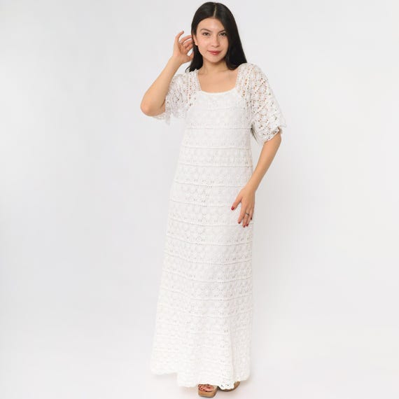 60s Wedding Dress White Crochet Lace Maxi Long Sleeve Vintage Bohemian Prairie Mod Cottagecore Festival Hippie Style Romantic Small XS S