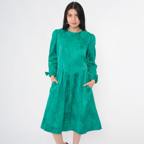 Vintage Green Jacquard Dress 80s Lanz Originals Emerald Floral Satin Long Puff Sleeve Midi Bow Cuff Back Buttons 1980s Formal Gown Medium M