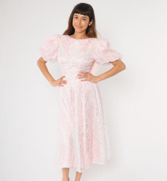 80s Gunne Sax Dress Pink Lace Puff Sleeve Midi Dress Formal Party Prom Dress Low Waist White Scoop Back Vintage 1980s Small 4