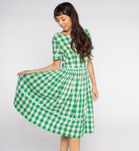 1960s Plaid Dress Green White Buffalo Plaid Dress… - image 5