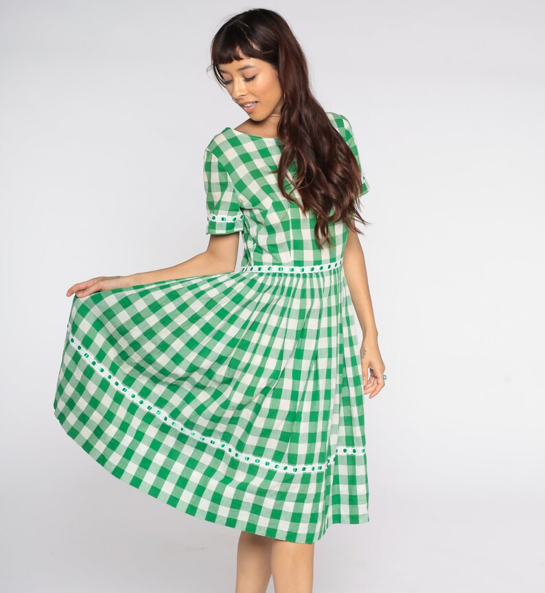 1960s Plaid Dress Green White Buffalo Plaid Dress Lace Ribbon Trim Checkered 60s Midi Tartan Dress Fit and Flare Party Vintage Small S image 5