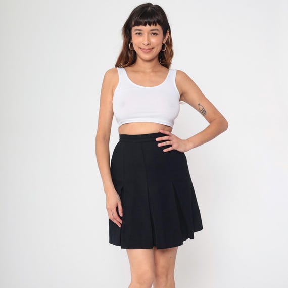 Black A Line Skirt 80s High Waisted Mini Pleated Wool Blend Vintage Full Flare Preppy School Girl Classic Gothic Mini Extra Small XS