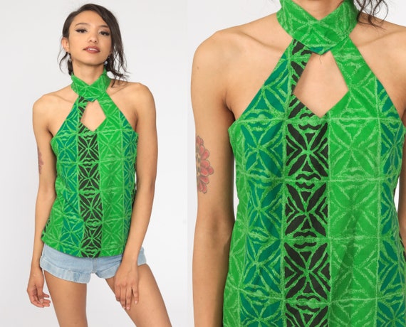 Tribal Tank Top 90s Keyhole Choker Shirt Cutout Hippie Blouse Bohemian Shirt Boho Festival Aztec Print Vintage Cotton Summer Small S