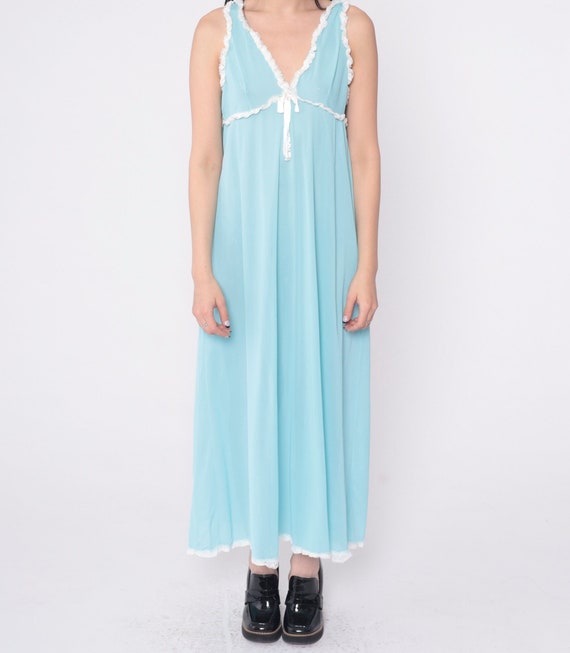 Baby Blue Nightgown 70s Lace Trimmed Slip Dress Maxi Semi-Sheer Nylon Nightgown Lingerie Vintage Pastel Empire Waist V Neck Bohemian Medium
