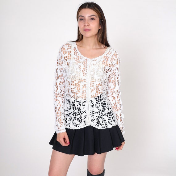 White Crochet Cardigan 90s Sheer Button Up Top Open Weave Knit Top Summer Festival Hippie Bohemian Retro Vintage 1990s Small Medium