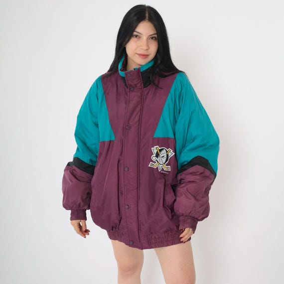 Vintage 90s Mighty Ducks Jacket Anaheim NHL Puffer Chalk Line Hockey Jacket Zip Up Streetwear 1990s Sportswear Puffy 1990s Extra Large xl