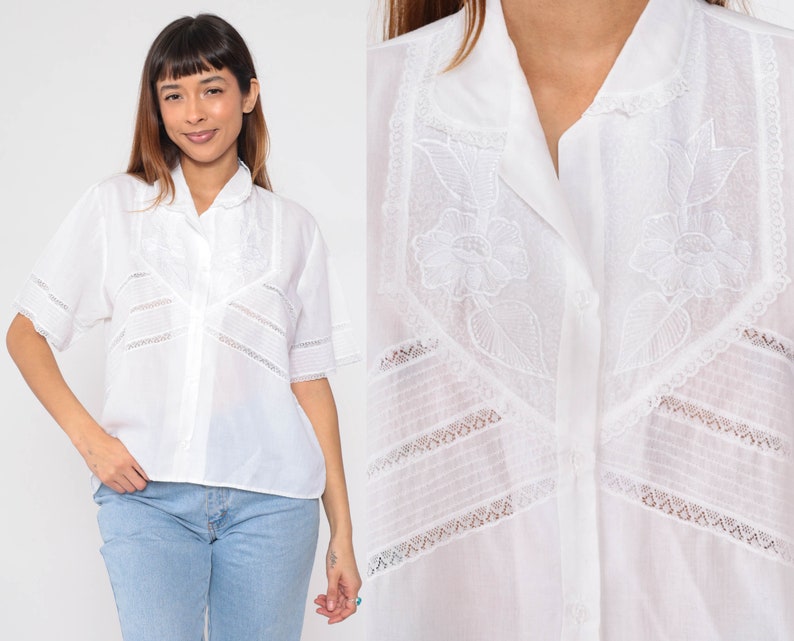 Embroidered Floral Top 70s White Lace Trim Blouse Retro Girly Button up Summer Shirt Short Sleeve Collared Preppy Vintage 1970s Large L image 1