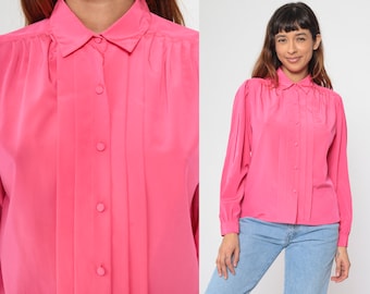 Hot Pink Pleated Blouse 80s 90s Long Puff Sleeve Top Collared Shirt Tuxedo Pleat Retro Secretary Button Up Vintage 1990s Medium 10 Petite