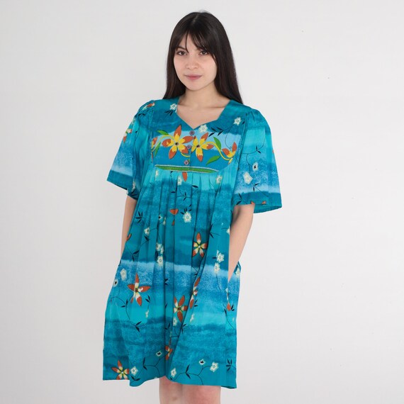 Tie Dye Floral Dress 80s Hawaiian Mini Dress Blue Tent Tropical Summer Beach Pockets Trapeze Short Sleeve Aloha Cotton Vintage 1980s Small S