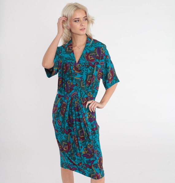 Silk Floral Dress 80s Blue Midi Dress Flower Leaf Print High Waisted Short Sleeve Collared V Neck Faux Wrap Secretary Vintage 1980s Small S