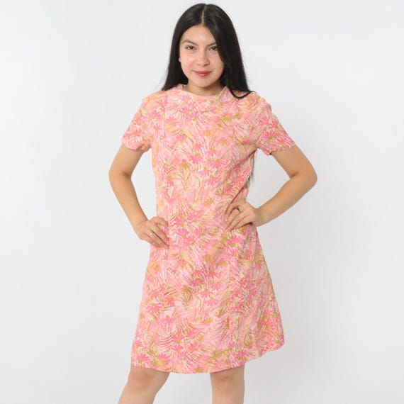 60s Floral Mini Dress Pink Shift Abstract Print Mod Dress Boho Twiggy Vintage Sixties Minidress 1960s Short Sleeve Small S