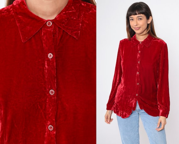 Red Velvet Blouse 90s Button Up Shirt Long Sleeve… - image 1
