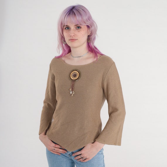 90s Beaded Sweater Seashell Fringe Sweater Bell Sleeve Sweater Taupe Cotton Knit Retro Hippie Boho 1990s Sweater Pullover Vintage Small S