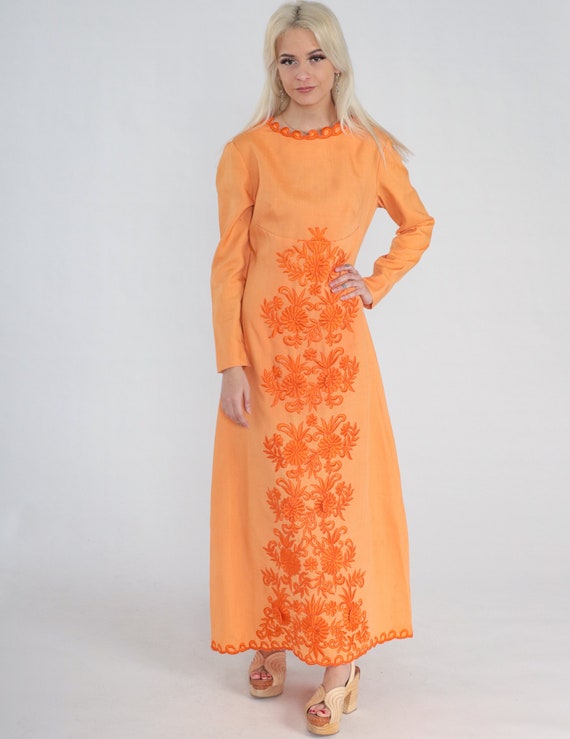 Floral Maxi Dress 70s Orange Embroidered Dress Bohemian Party Long Dress Empire Waist Hippie Formal Flower Gown Cotton Vintage 1970s Small S