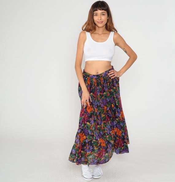 Gauze Broomstick Skirt 90s Floral Rainbow Leaf Elastic Bohemian Hippie Tiered Flowing Purple Orange Green Blue Pink Medium to Extra Large