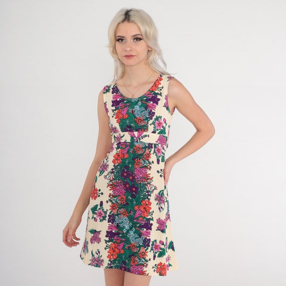 Babydoll Mini Dress 70s Cream Floral Print Sleeveless Empire Waist 60s Mod Dress 1970s Vintage Botanical Summer Dress Extra Small xs 0