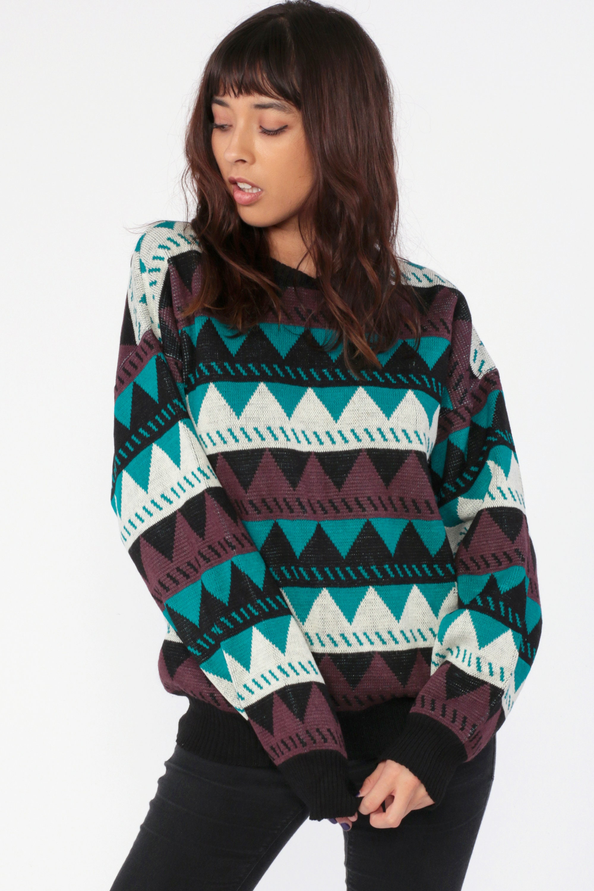 Geometric Striped Sweater 80s Zig Zag Sweater Black Turquoise Tribal