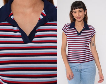 Y2K Striped Shirt Johnny Collar V Neck Shirt Red White Blue Navy Retro Top Polo Shirt Preppy Collared Vintage 00s Tight Fitted Shirt Small