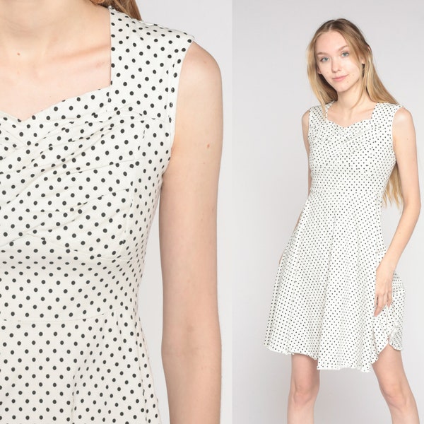 Polka Dot Dress Y2k White Mini Dress Retro Fit and Flare Skater Dress Sweetheart Neckline Day Sleeveless Minidress Black Vintage 00s Small S