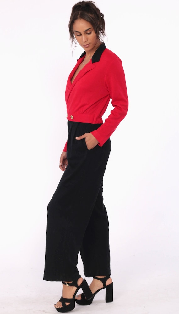 80s Jumpsuit Red High Waisted Color Block Black One Piece Playsuit Wrap V Neck 1980s Evening Wear Pantsuit Pockets Pants Vintage Small