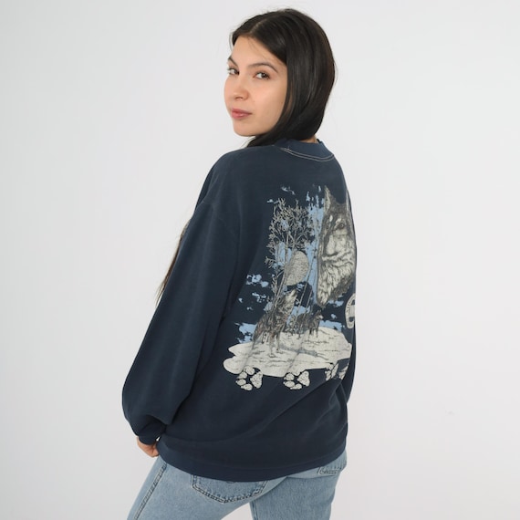 Vintage 90s Wolf Full Moon Sweatshirt Navy Blue Wilderness Animal Graphic Pullover 1990s Crewneck Large L