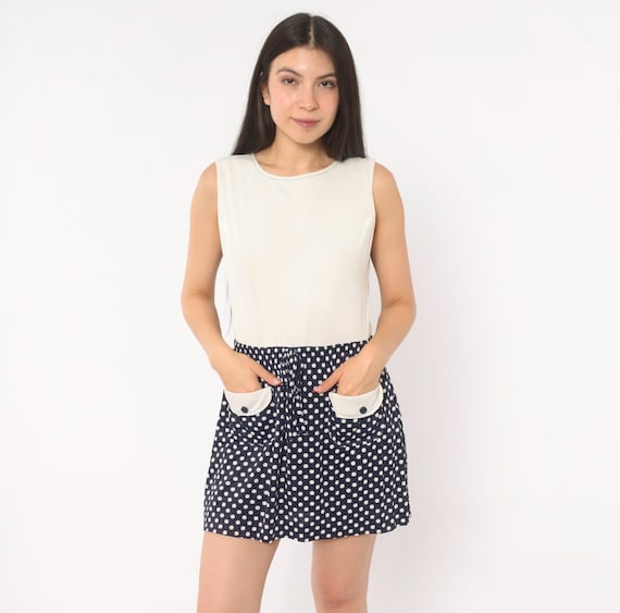 60s Polka Dot Mini Dress Navy White Sleeveless A LinePocket Detail Mod Shift Two Tone Cream Ivory Bodice Vintage Jerell Summer Medium M