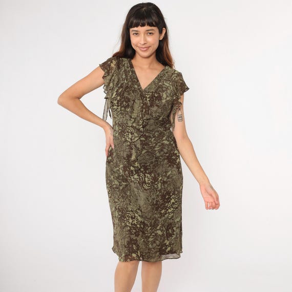 Vintage Y2K Chiffon Dress Floral Lace Print Ruffled Empire Waist Going Out Midi Dress Brown Green V Neck Party Flutter Sleeve Small 6