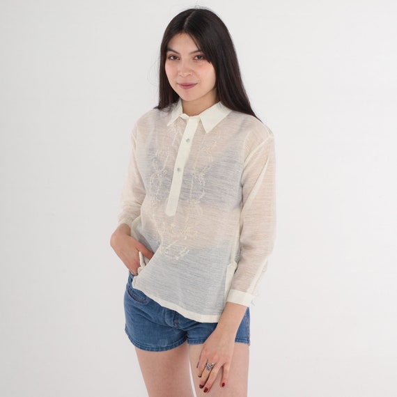 Floral Embroidered Top 70s Semi-Sheer Cream Blouse Collared Half Button up Shirt 3/4 Sleeve Hippie Summer Bohemian Vintage 1970s Small S