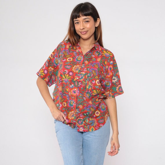 Indian Floral Blouse 90s Red Button up Shirt Flower Print Top Short Sleeve Collared Boho Hippie Summer Retro Bohemian Vintage 1990s Medium M