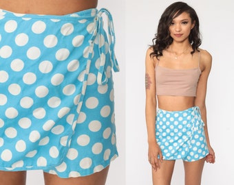 60s Skort xxs -- Blue Polka Dot Skirt Mod Mini Skirt 70s Wrap Skirt High Waisted Culottes Shorts Hippie Boho Retro 1960s Vintage 2xs