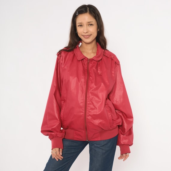 Raspberry Bomber Jacket 80s Zip Front Windbreaker Cranberry Red Coat Shoulder Tabs Ribbed Cuffs Waistband Harrington Wine Vintage Large L