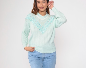 80s Seafoam Pearl Beaded Sweater Vintage Pastel Floral Lace Pullover Jumper Retro Girly Spring 1980s Mint Blue Chevron Small S