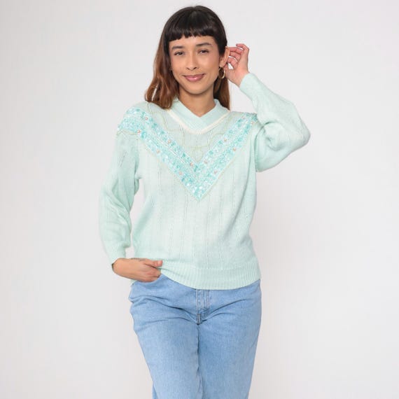 80s Seafoam Pearl Beaded Sweater Vintage Pastel Floral Lace Pullover Jumper Retro Girly Spring 1980s Mint Blue Chevron Small S