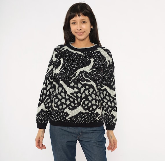 90s Greyhound Knit Sweater Black White Jacquard Pullover Jumper Swirl Graphic Print Winter Snowy Scene Vintage Top Monochrome Ivory Large L
