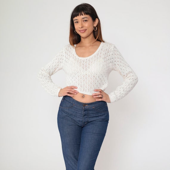 90s Crochet Sweater Sheer White Sweater Boho Cropped Open Weave Off-White Vintage Cutwork Cut Out Knit 1990s Hippie Bohemian Openwork Small