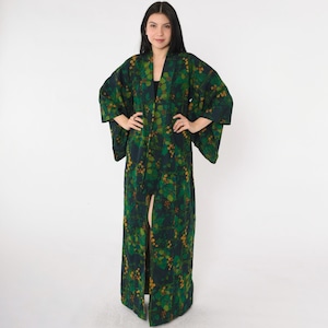 Vintage Silk Kimono Robe 70s Green Floral Dressing Gown Open Front Boho Retro Japanese Seventies Hippie Festival 1970s Small Medium Large OS