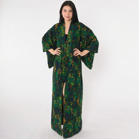 Vintage Silk Kimono Robe 70s Green Floral Dressing Gown Open Front Boho Retro Japanese Seventies Hippie Festival 1970s Small Medium Large OS