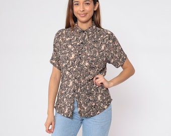 90s Floral Blouse Brown Tan Flower Print Rayon Short Sleeve Shirt Boho Button Up Top Casual Simple Top Vintage Oversized Medium