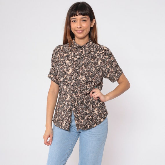 90s Floral Blouse Brown Tan Flower Print Rayon Short Sleeve Shirt Boho Button Up Top Casual Simple Top Vintage Oversized Medium