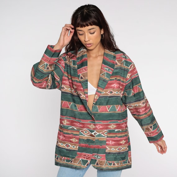 Southwestern Jacket Boho Tribal Aztec Blazer 80s Hippie Southwest Vintage 90s Bohemian 1990s Oversized Medium