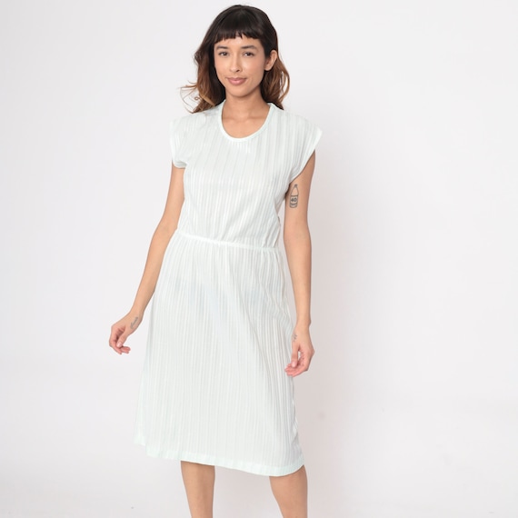 Mint Striped Dress 70s Pale Pastel Green Cap Sleeve Retro Dress Scoop Neck Midi Dress Boho High Waisted Vintage Bohemian Retro Small Medium