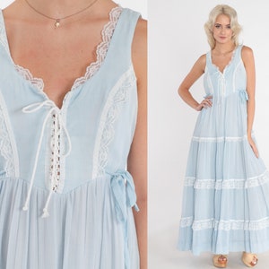 70s Gunne Sax Dress Baby Blue Sundress Prairie Maxi Bohemian Lace up ...