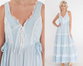 70s Gunne Sax Dress Baby Blue Sundress Prairie Maxi Bohemian Lace Up Sun Corset Tiered Bohemian Cottagecore Lace Trim Vintage 1970s Small S