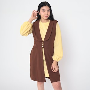 70s Two Piece Set Mod Mini Dress and Vest Yellow Brown Long Sleeve Shift Day Dress Outfit Retro Seventies Gogo Twiggy Vintage 1970s Medium